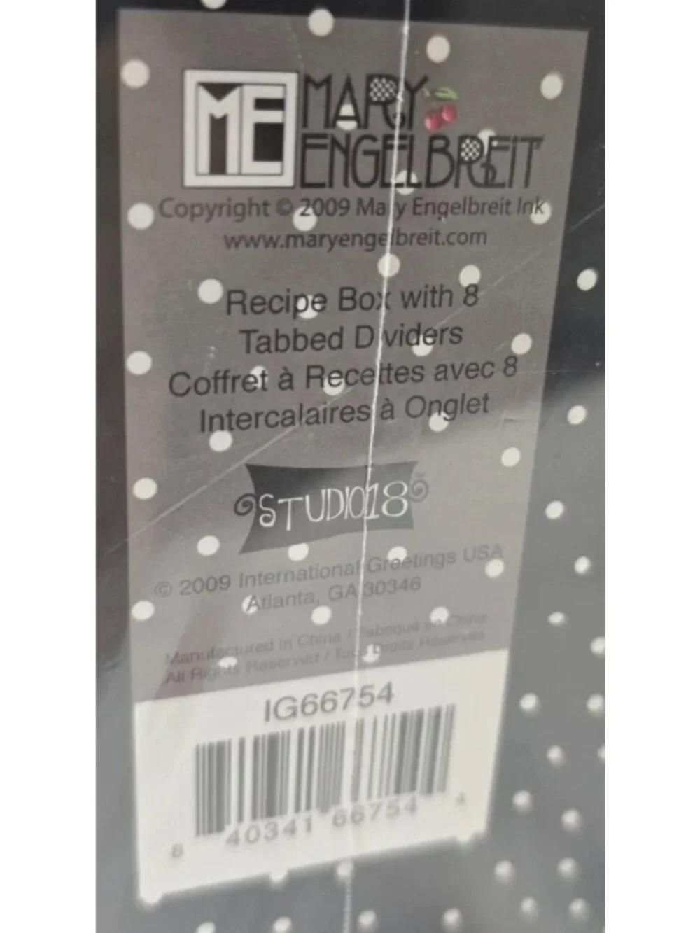 New sealed Mary Englebreit Black Polka Dot Recipe Box+8 Dividers 2009 Studio 8